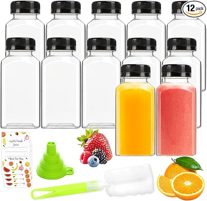 Juice Bottles - 8oz Bottles with Lids, 12 pcs Plastic Juice Containers with Caps Reusable Drink C... | Amazon (US)