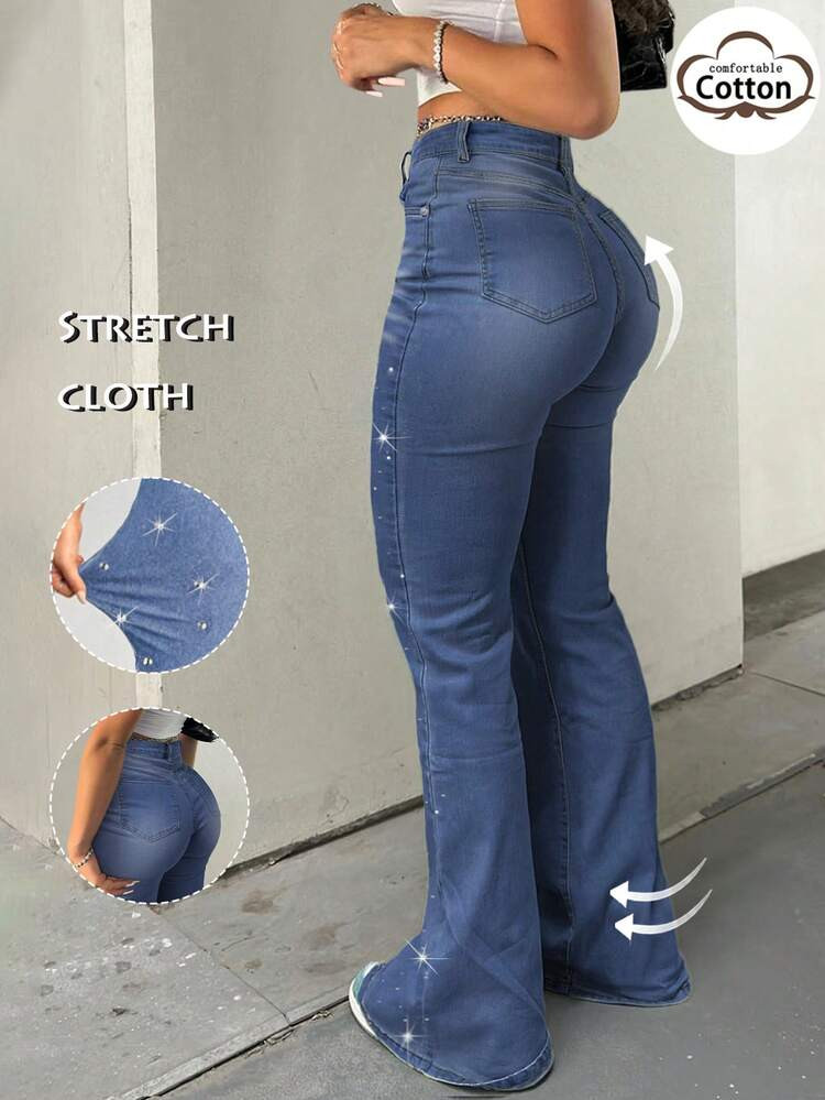 GILIPUR New Blue Rhinestone-Embellished Y2K Flare Leg Women's Jeans - High Waist, Slim Fit, Stretch, Elegant, Fashionable, Casual, Versatile, Back-To-School Street Style, 2000s Fashion, Autumn & Winter Clothing, Retro Apparel, Christmas And Valentine's Day For New Year Holiday Gifts Appears Refined But Relaxed Ideal For Fancy Banquets, Casual Dinners, And Concert Nights | SHEIN