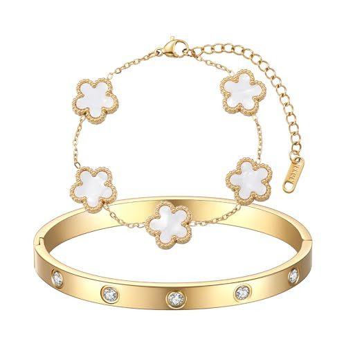 18K Gold Plated Clover Bracelet Love bangle Set for Women - Stack Friendship Bracelet Lucky Link ... | Amazon (US)