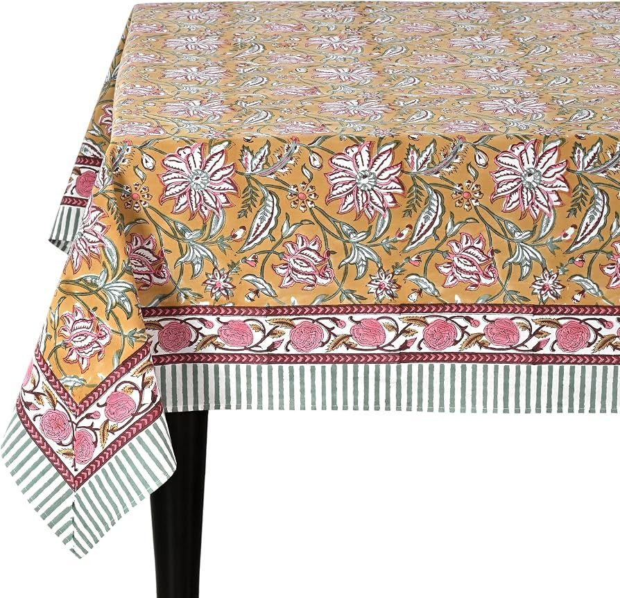 Ridhi Biscotti Yellow Hand Block Print Cotton Rectangle Tablecloth 108" x 70" inches Reusable Tab... | Amazon (US)