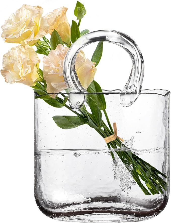 Clear Bag Glass Vases in Handbag Shape, Unique Clear Glass Purse Vases with Handle and Bubbles De... | Amazon (US)