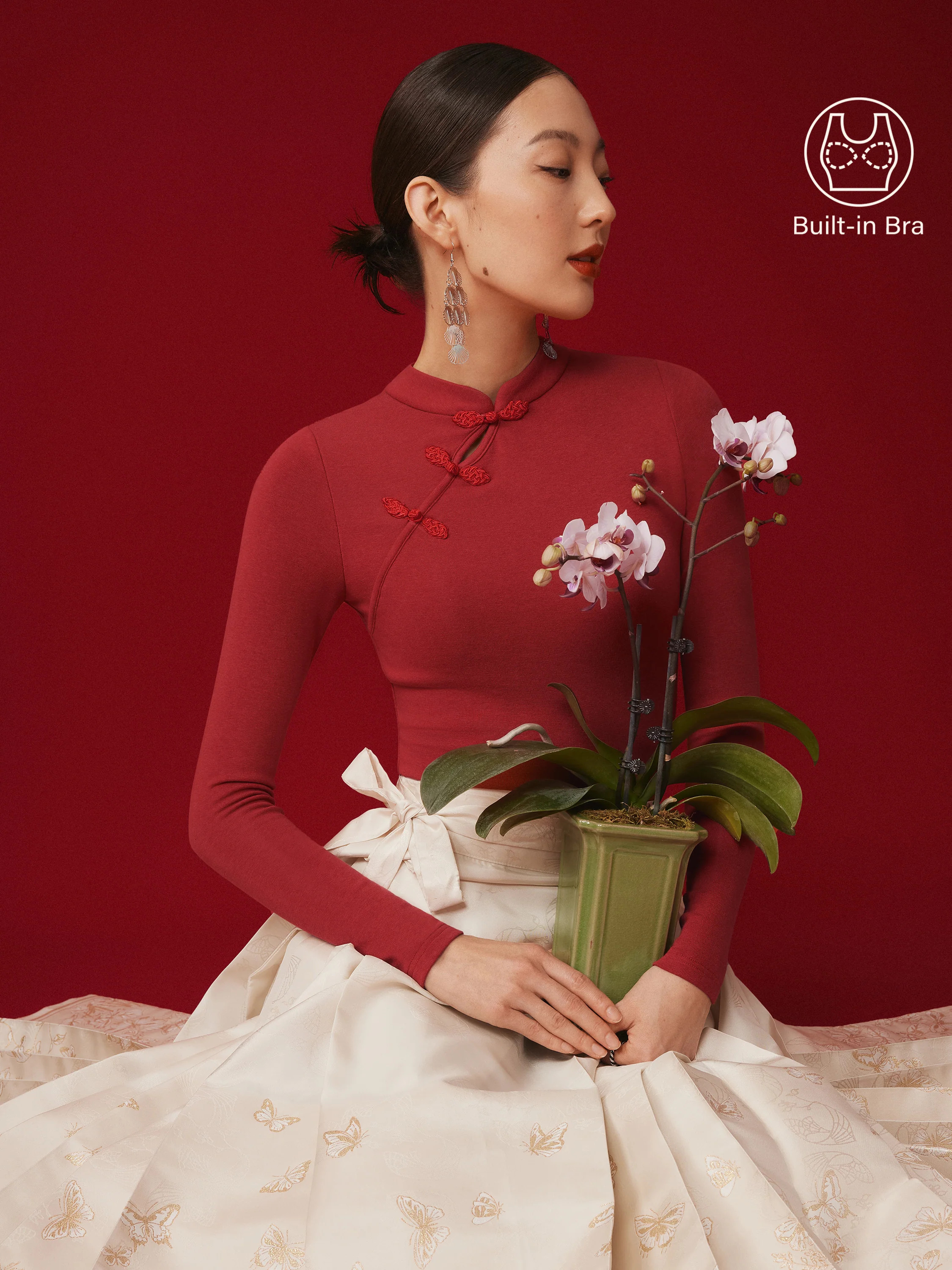 Mandarin Collar Asymmetric Frog Button Brami Top | OGLmove