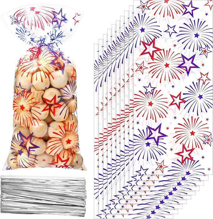 Outus 100 Pcs Clear Patriotic Treat Cellophane Bag Independence Day 4th of July Candy Goodie Bag ... | Amazon (US)