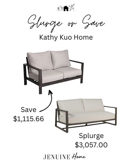Kathy Kuo Home outdoor loveseat. Save or Splurge. Same for less. Outdoor patio. Classic patio. Neutral outdoor couch  