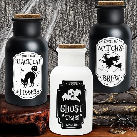 Halloween Decor - Halloween Decorations For Home - Set of 3 Apothecary Potion Bottles - Black And... | Amazon (US)
