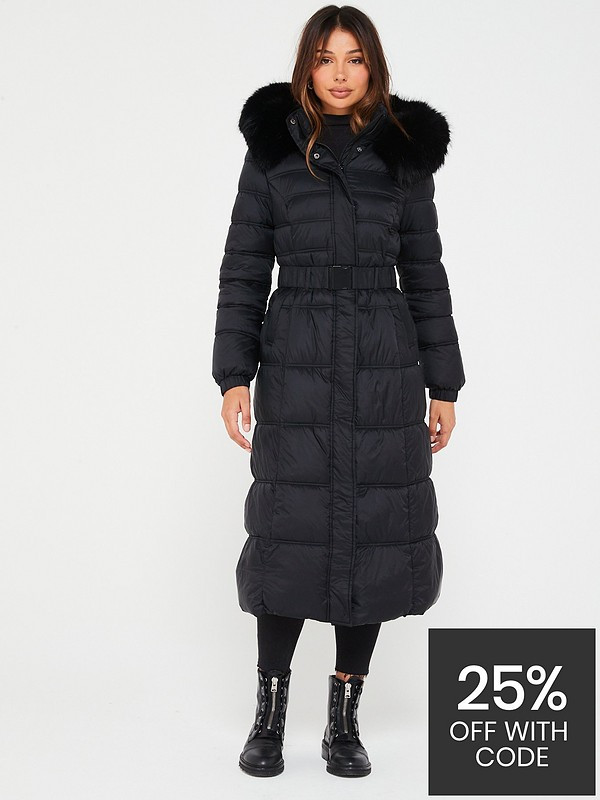 Maxi Belted Padded Coat With Faux Fur Trim | Very (UK)