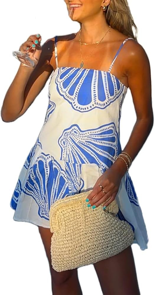 Women Boho Floral Seashell Mini Dress Spaghetti Strap Beach Graffiti Cami Dress Cute Summer Coast... | Amazon (US)