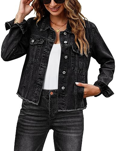 luvamia ladies jean jacket womens black jacket women dressy denim outfit winter jackets for women jean shirts for women denim womens western wear Graphite Black Size Small Fits Size 4 6 | Amazon (US)