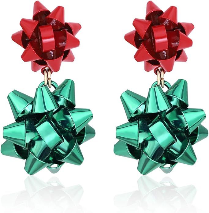 CEALXHENY Christmas Earrings Holiday Xmas Bow Earring for Women Red Green Festive Bow Drop Dangle... | Amazon (US)