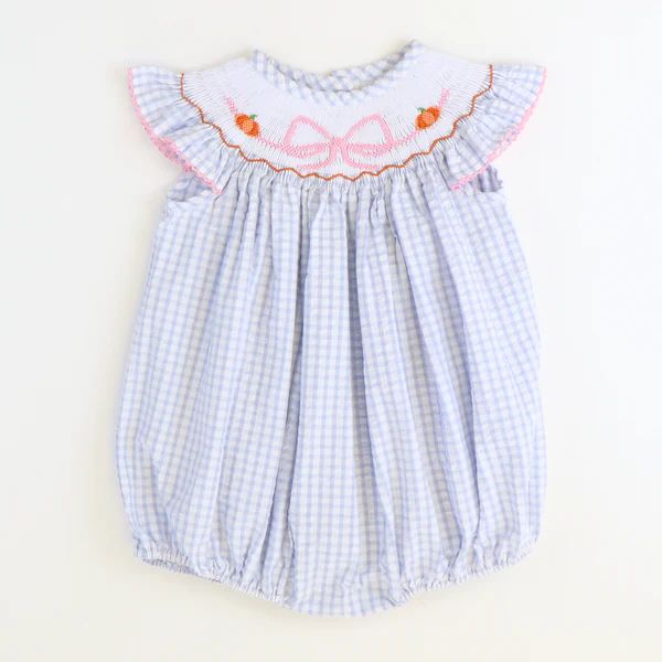 Smocked Pumpkins & Bow Girl Bubble - Light Blue Check Seersucker | Southern Smocked Co.