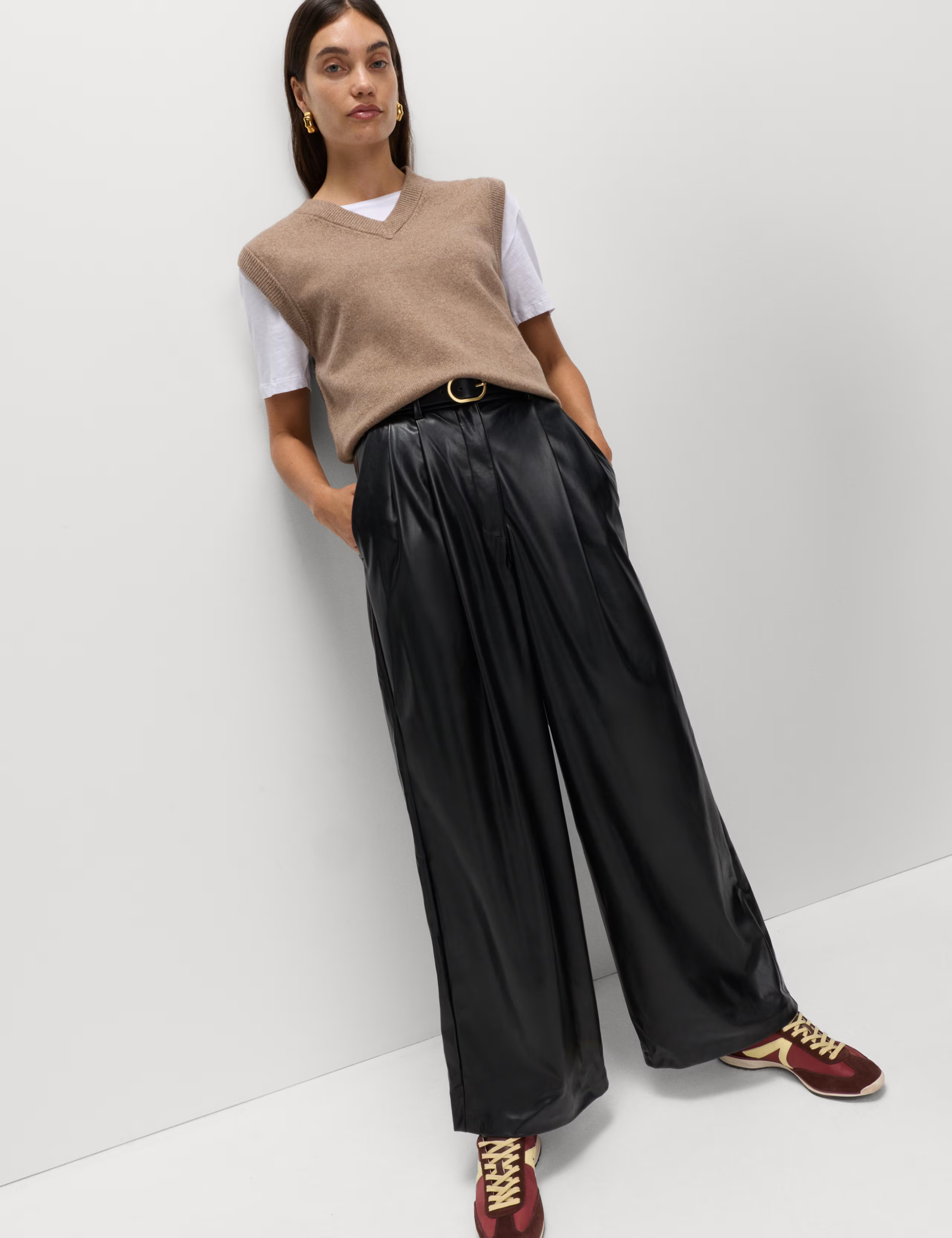 Faux Leather Double Pleat Wide Leg Trousers | Marks & Spencer (UK)