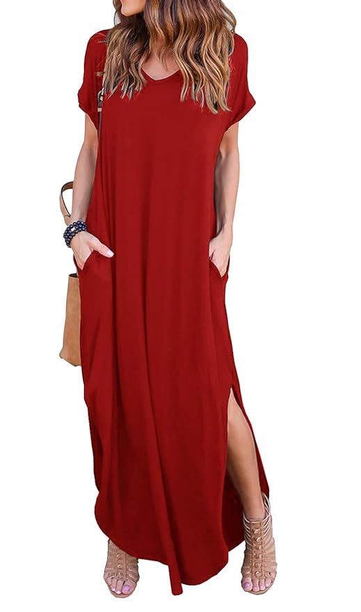 GRECERELLE Women's Casual Loose Pocket Long Dress Short Sleeve Split Maxi Dresses | Amazon (US)