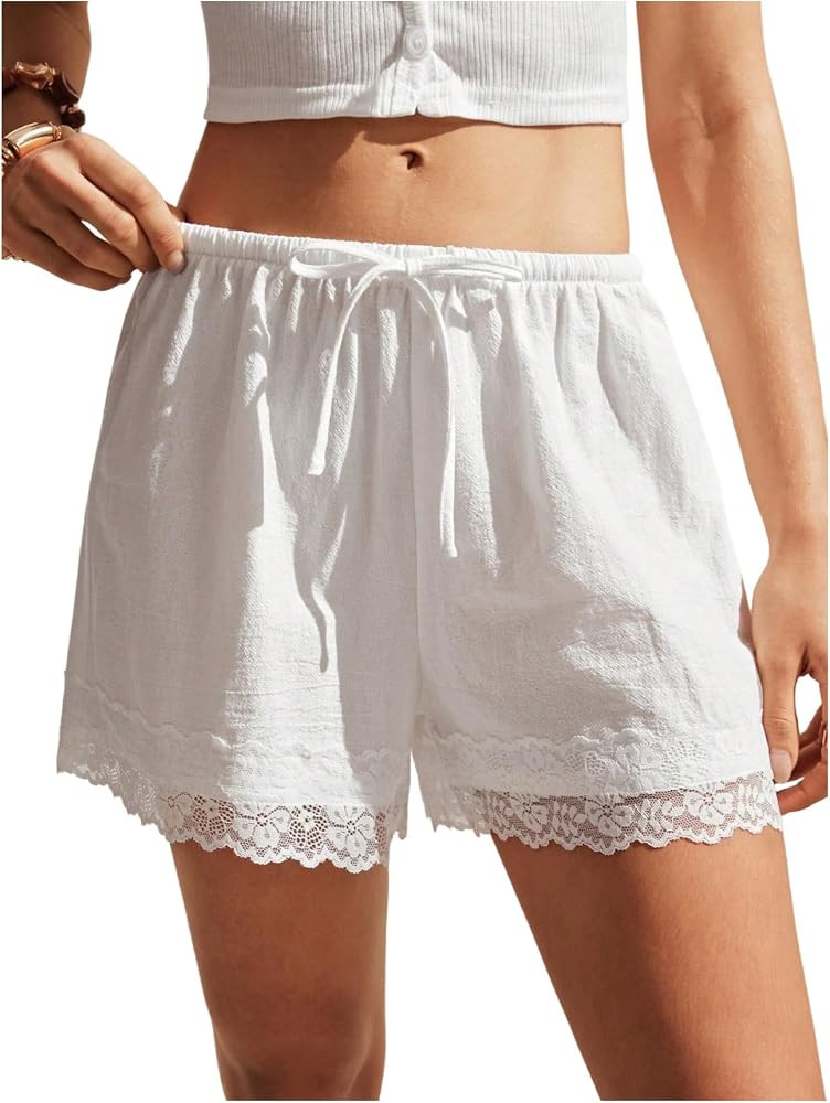 SHENHE Women's Summer Lace Trim Shorts Low Rise Drawstring Waist Beach Vacation Shorts | Amazon (US)