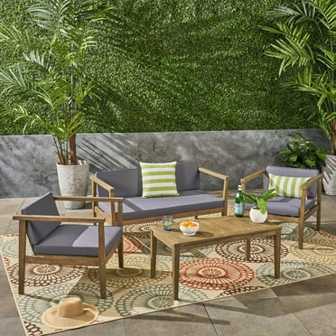 Maddox Outdoor 4-Seater Acacia Wood Chat Set with Coffee Table, Gray and Dark Gray - Walmart.com | Walmart (US)