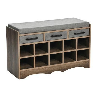 Household Essentials Entryway Storage Bench with 3 Grey Drawers 10 Shoe Compartments and Cushioned Seat in Ashwood Rustic Wood Grain | Target