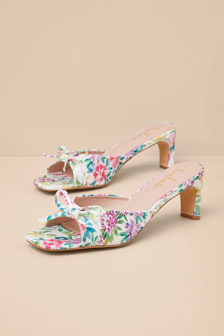 Gilzean White Multi Floral Satin Bow High Heel Slide Sandals | Lulus