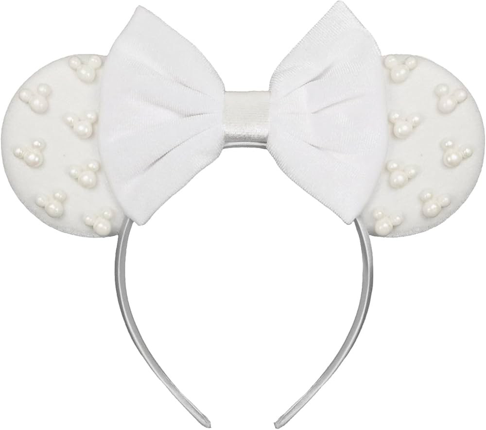 JIAHANG Velvet Mouse Ears Headband with Beads, White Hair Bow Hairband with Pearls, Party Decorat... | Amazon (US)
