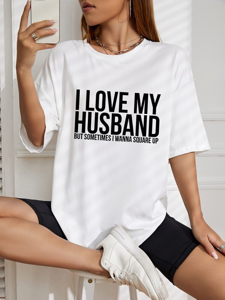 SHEIN EZwear Slogan Graphic Drop Shoulder Tee | SHEIN