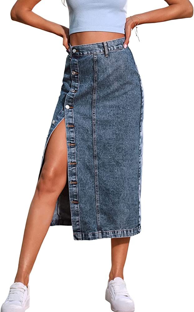 Long Denim Skirts for Women Maxi Paperbag High Waist Frayed Raw Hem A line Flare Jean Skirt with ... | Amazon (US)