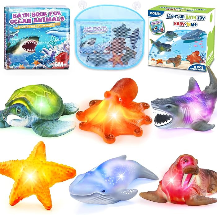 6 Pack Light Up Bath Toys & Magic Bath Book & Storage Bag for Toddler, No Hole Floating Ocean Ani... | Amazon (US)