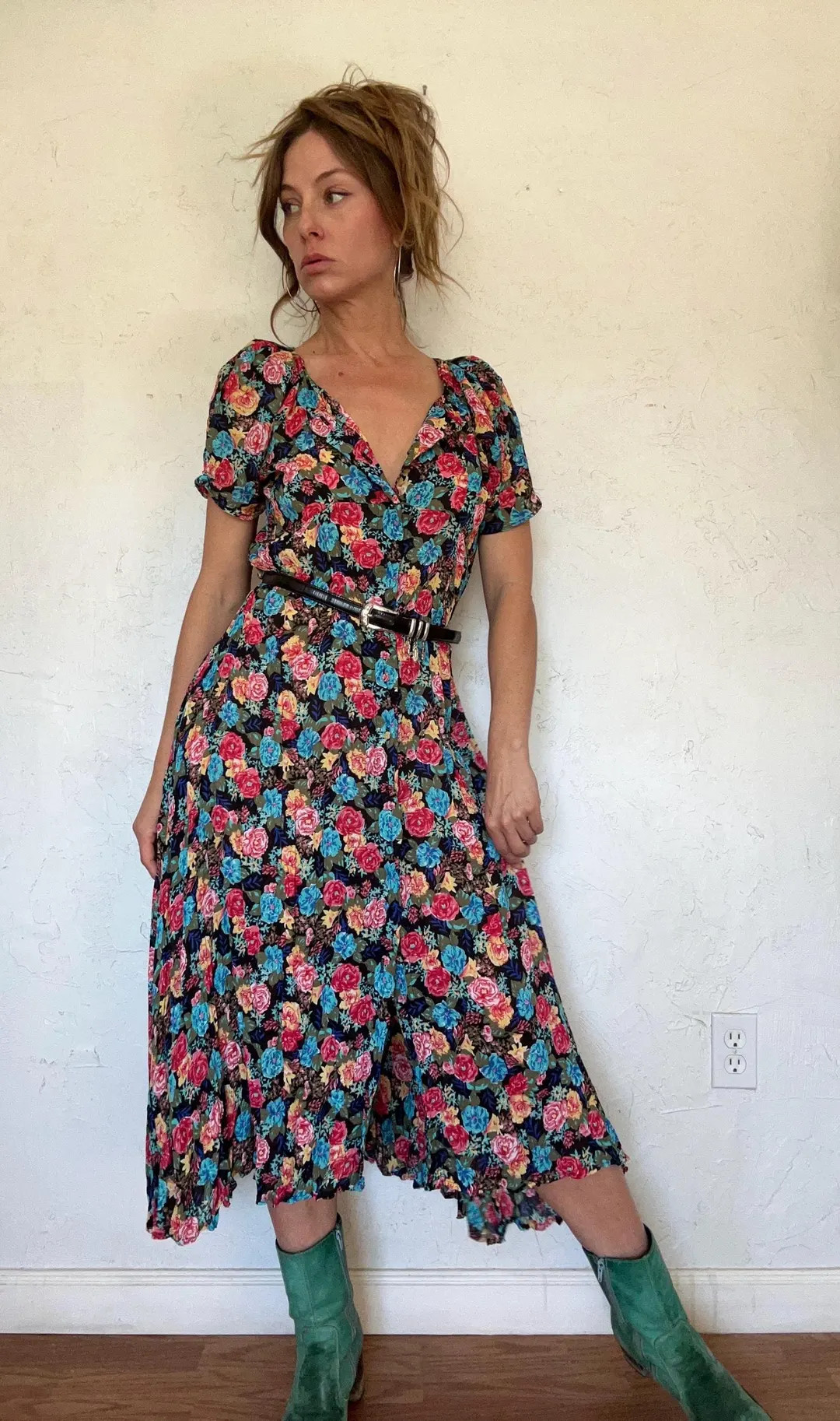 1990’s Crinkle Rayon Rainbow Floral Dress SZ Medium Large - Etsy | Etsy (US)