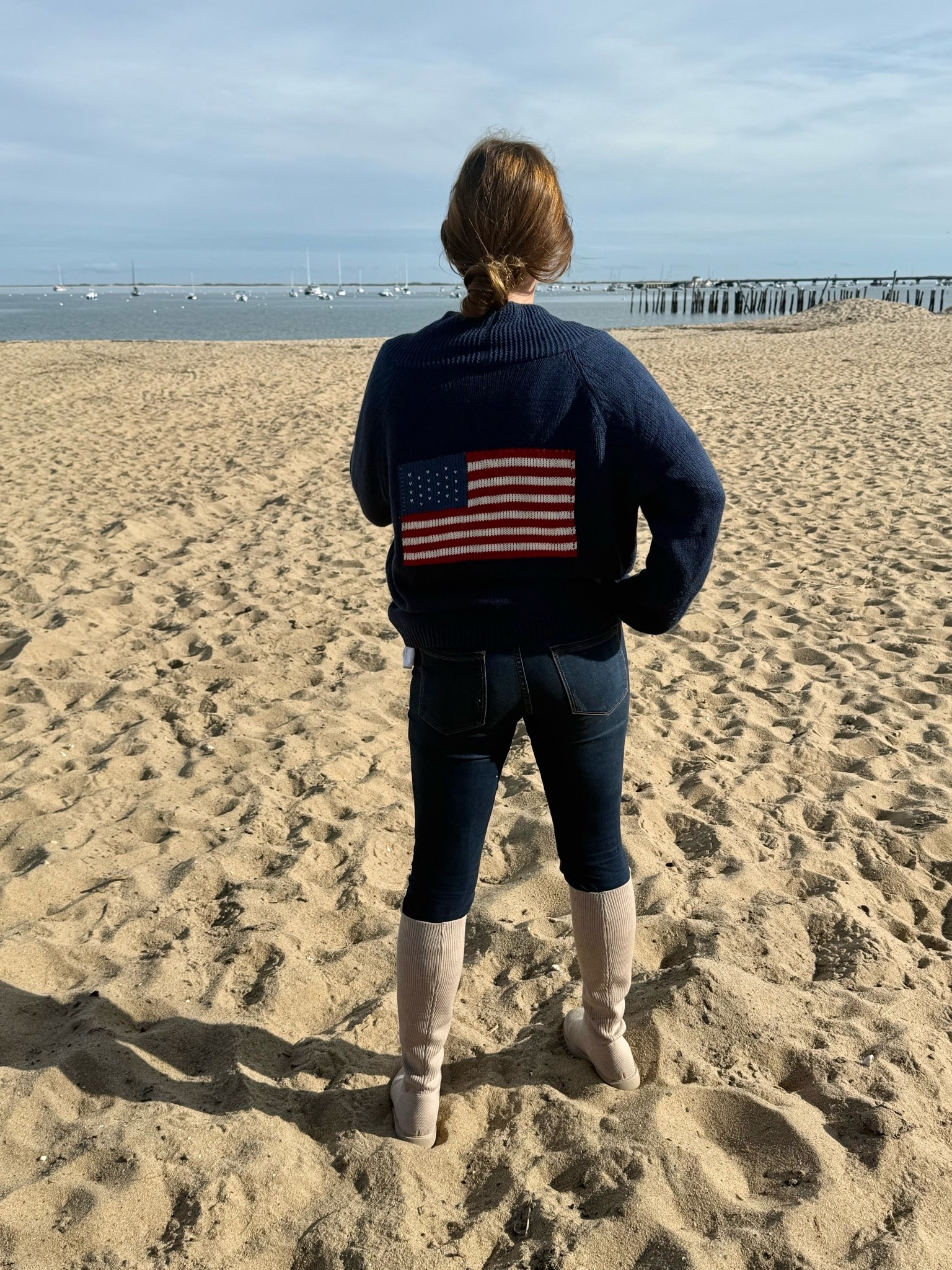 Over the knee boots and American flag cardigan Ralph Lauren style. 
TTS.

#LTKootd
