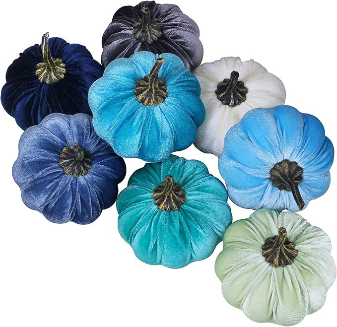 8 Set Faux Assorted Decorative Teal Blue Green White Pumpkins Foam Pumpkins Velvet Pumpkins Fabri... | Amazon (US)