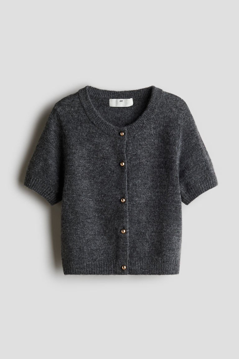 H & M - Short-Sleeved Fine-Knit Cardigan - Gray | H&M (US + CA)