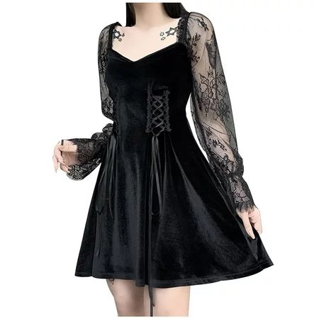 hgsbede Women Casual Bandage Perspective Black Lace A-Line Dress Square Neck Long Sleeve Solid Dress | Walmart (US)