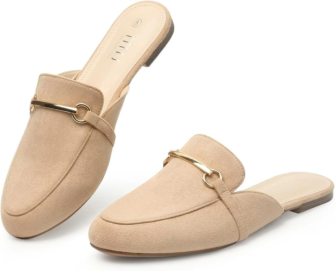 MUSSHOE Gold Buckle Mules for Women - Comfortable Memory Foam Loafers, Classy Slip On Flats for O... | Amazon (US)