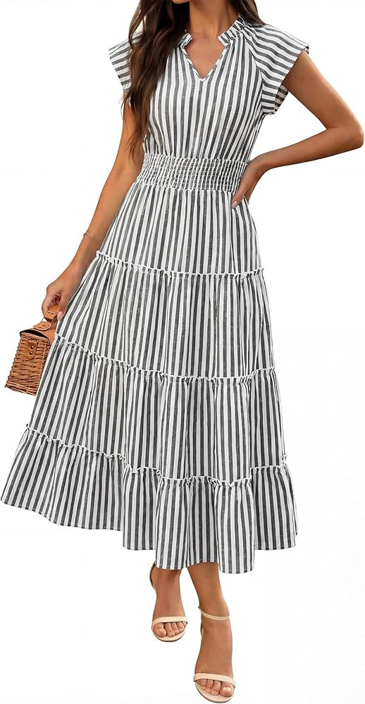 Caracilia Womens Summer Maxi Dresses Casual V Neck Cap Sleeve Gingham Striped Dress Flowy Tiered ... | Amazon (US)