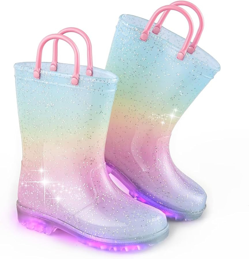 EUXTERPA Girls Glitter Light Up Waterproof Rain Boots Toddler Kids Rainbow Boots with Easy On Han... | Amazon (US)