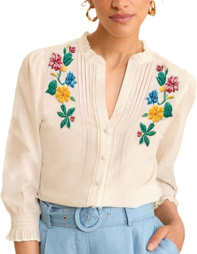 Melliflo Embroidered Tops for Women 3/4 Sleeve Peasant Blouse V Neck Button Down Shirts Dressy Ca... | Amazon (US)