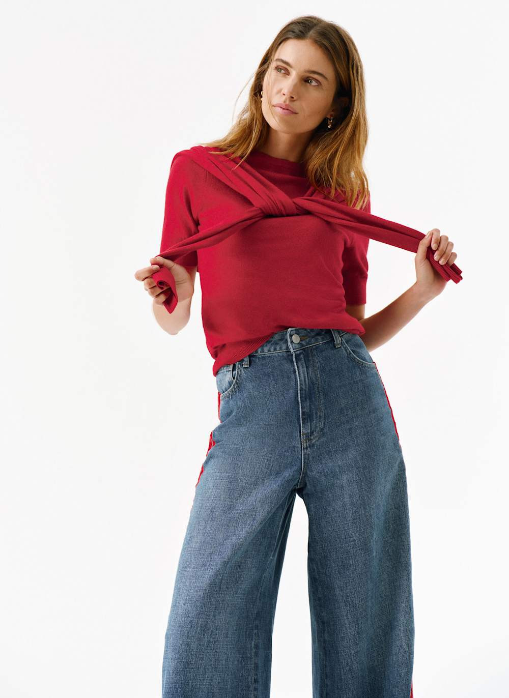 Red Scarf Detail Cotton Blend Knit Top | Mint Velvet