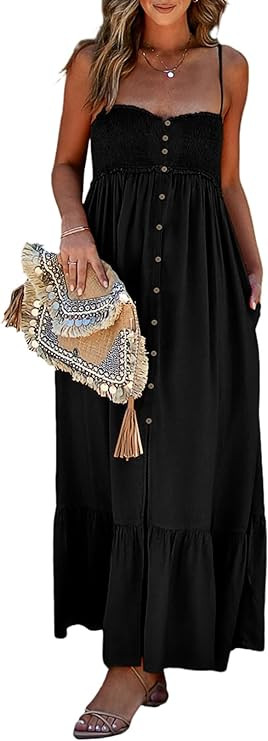Dokotoo Womens Summer Dresses 2024 Sleeveless Spaghetti Strap Button Down Smocked Beach Long Maxi... | Amazon (US)