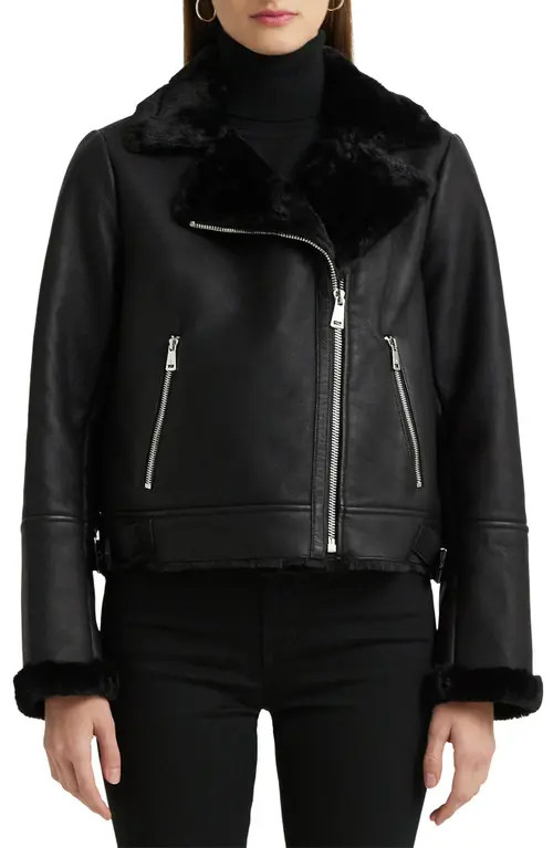 Lauren Ralph Lauren Nappa Faux Leather Moto Jacket with Faux Shearling Lining in Black at Nordstrom, Size Large | Nordstrom