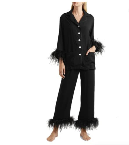 Pajama with feather sleeves and pants trim. Removable luxurious trim for women | Amazon (US)