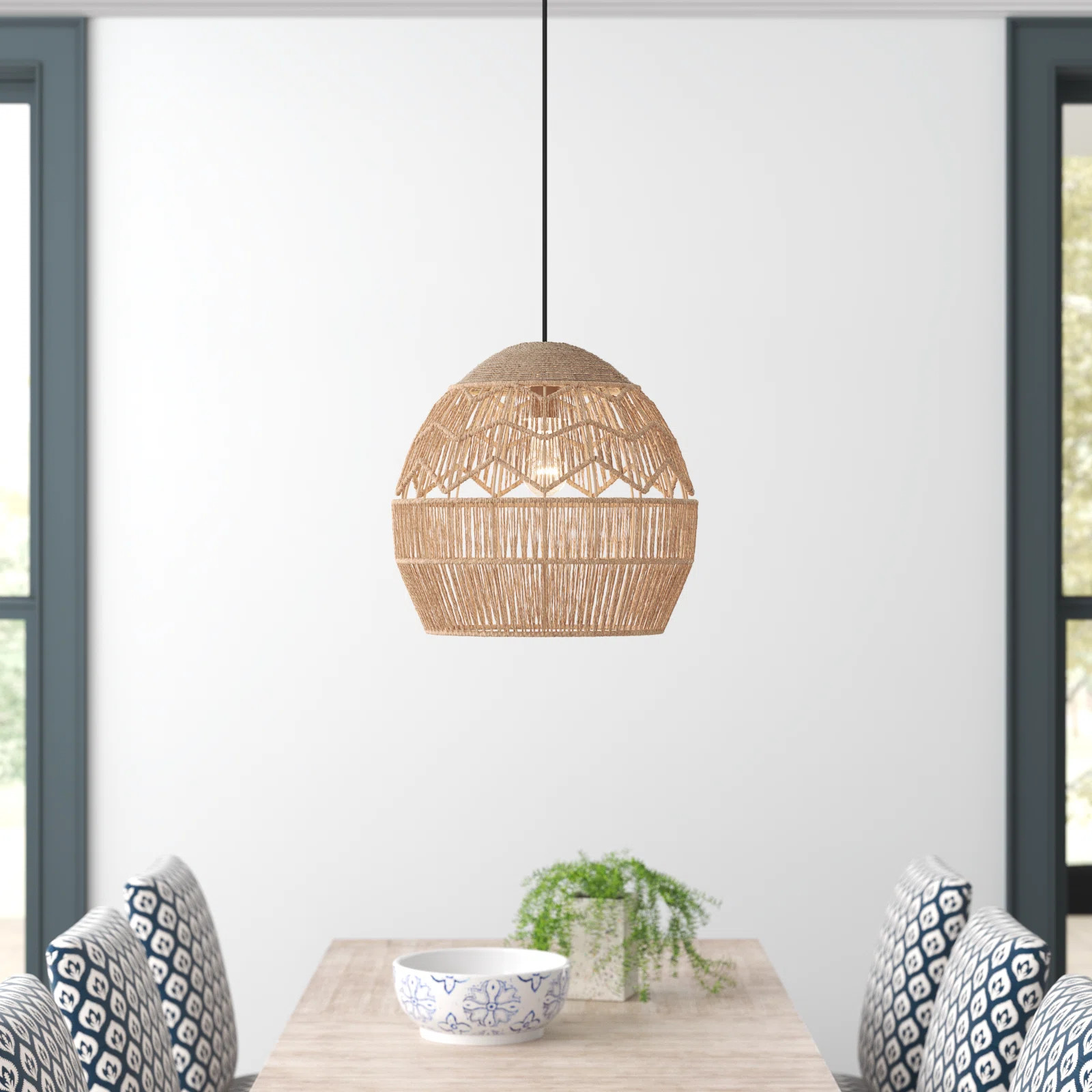 15.5" Ames Metal and Woven Hemp Rope Hanging Pendant, Brown | Wayfair North America
