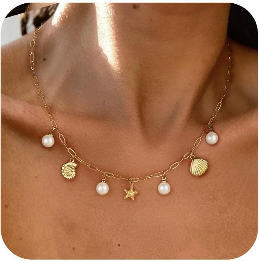 Charm Necklace for Women,Dainty 14K Gold Plated Starfish Seashell Necklace Simple Gold Beach Neck... | Amazon (US)