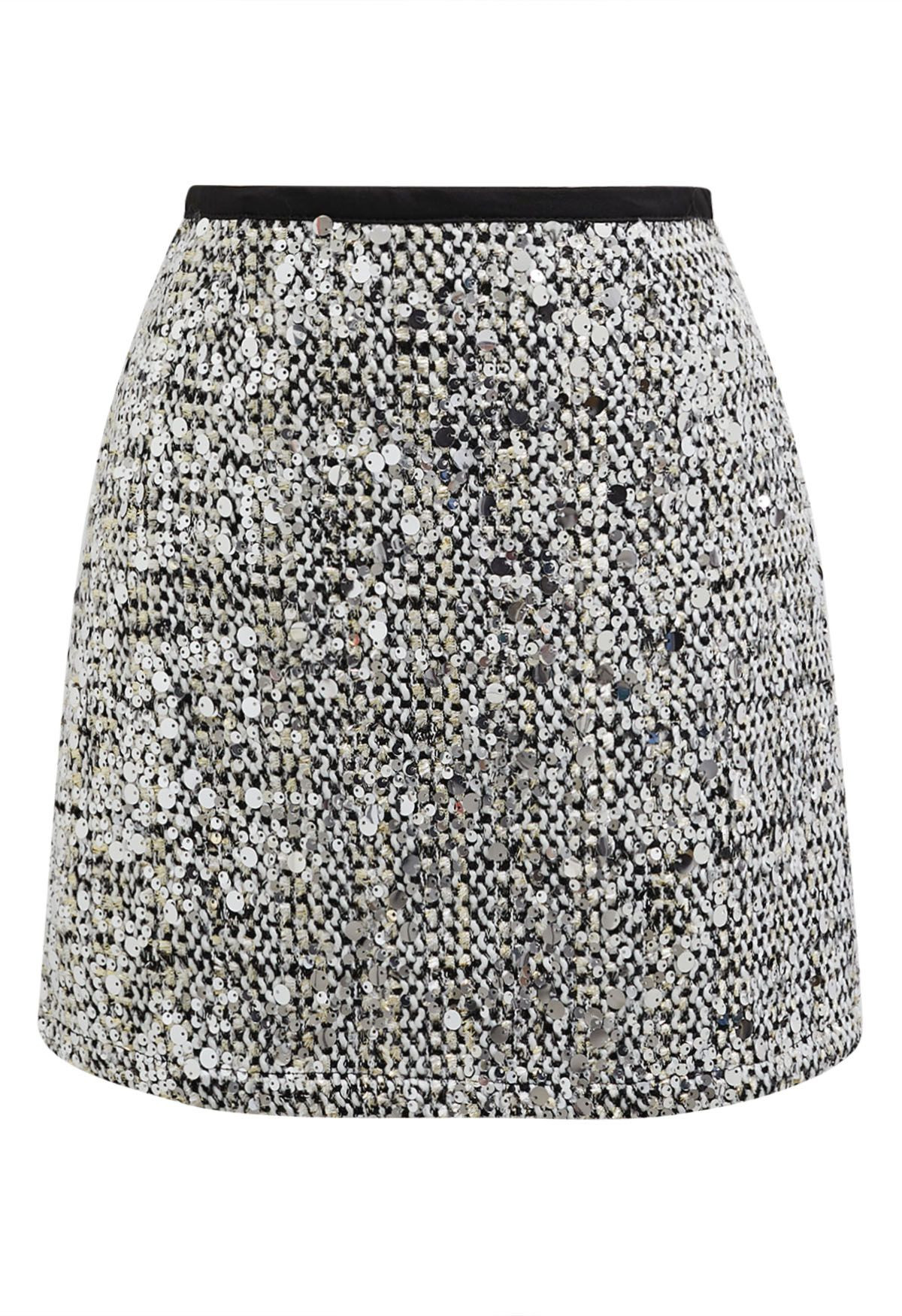 Silver Sequin Embellishment Tweed Mini Skirt | Chicwish