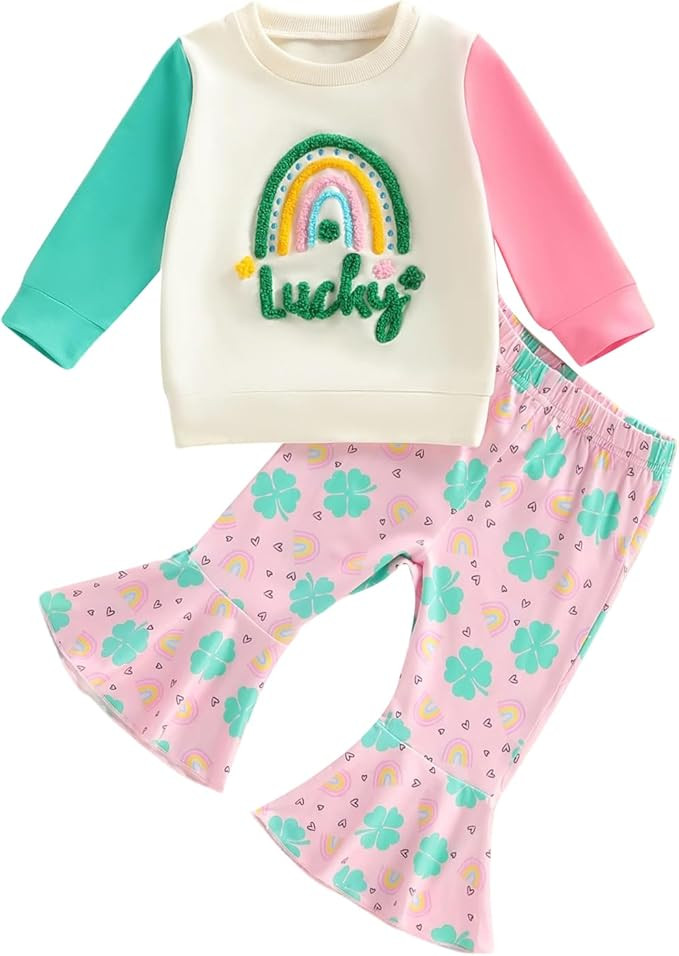 BemeyourBBs Toddler Girl St Patricks Day Outfit Baby Girl Shamrock Sweatshirt Top Flared Pants Se... | Amazon (US)