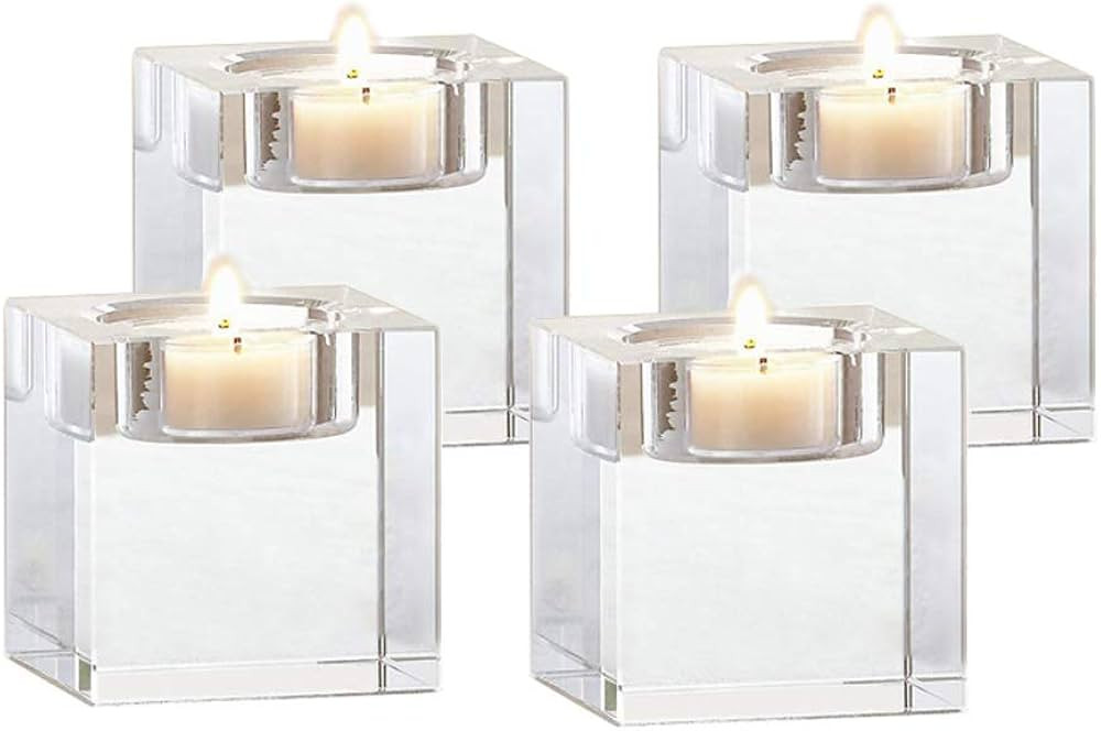 4 Pcs Clear Crystal Candle Holders, 2×2×1.6 inch Square Tealight Candle Holders Solid Square Te... | Amazon (US)