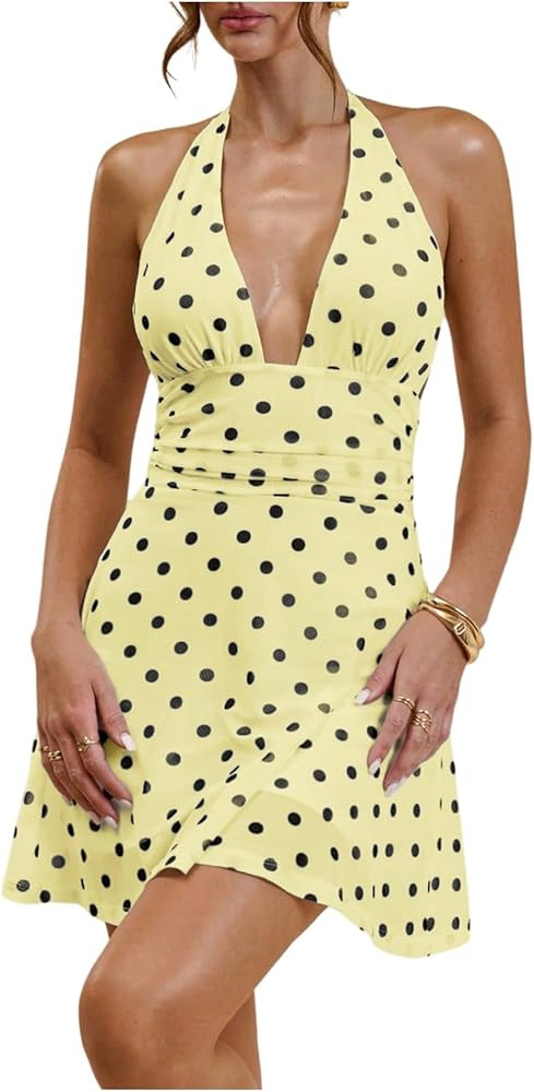 Milumia Women's Polka Dots Ruched Backless Halter Mini Dress Sexy Deep V Neck A Line Short Dresse... | Amazon (US)