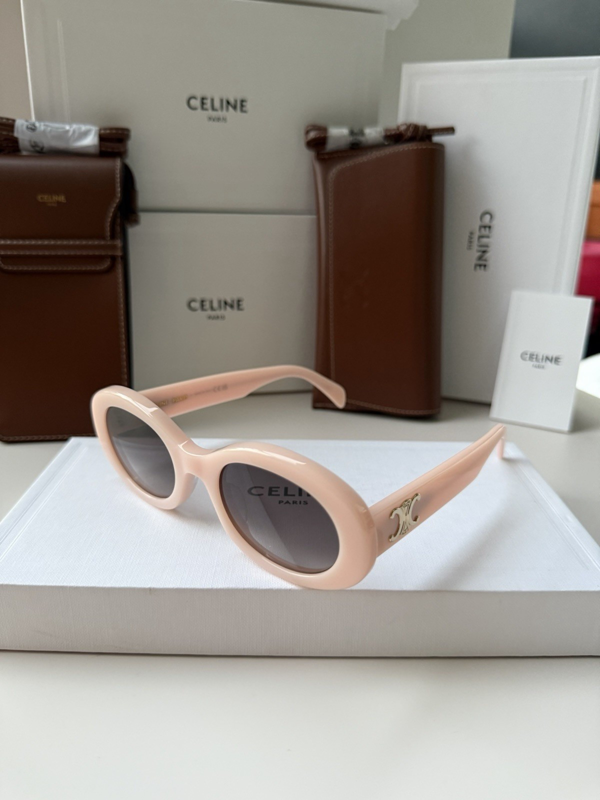 CELINE CL40194U 74B Triomphe Oval Sunglasses Pink Gold Grey Lens AUTHENTIC | eBay US
