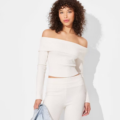 Women's Long Sleeve Ribbed Off the Shoulder Shirt - Wild Fable™ Off-White M | Target