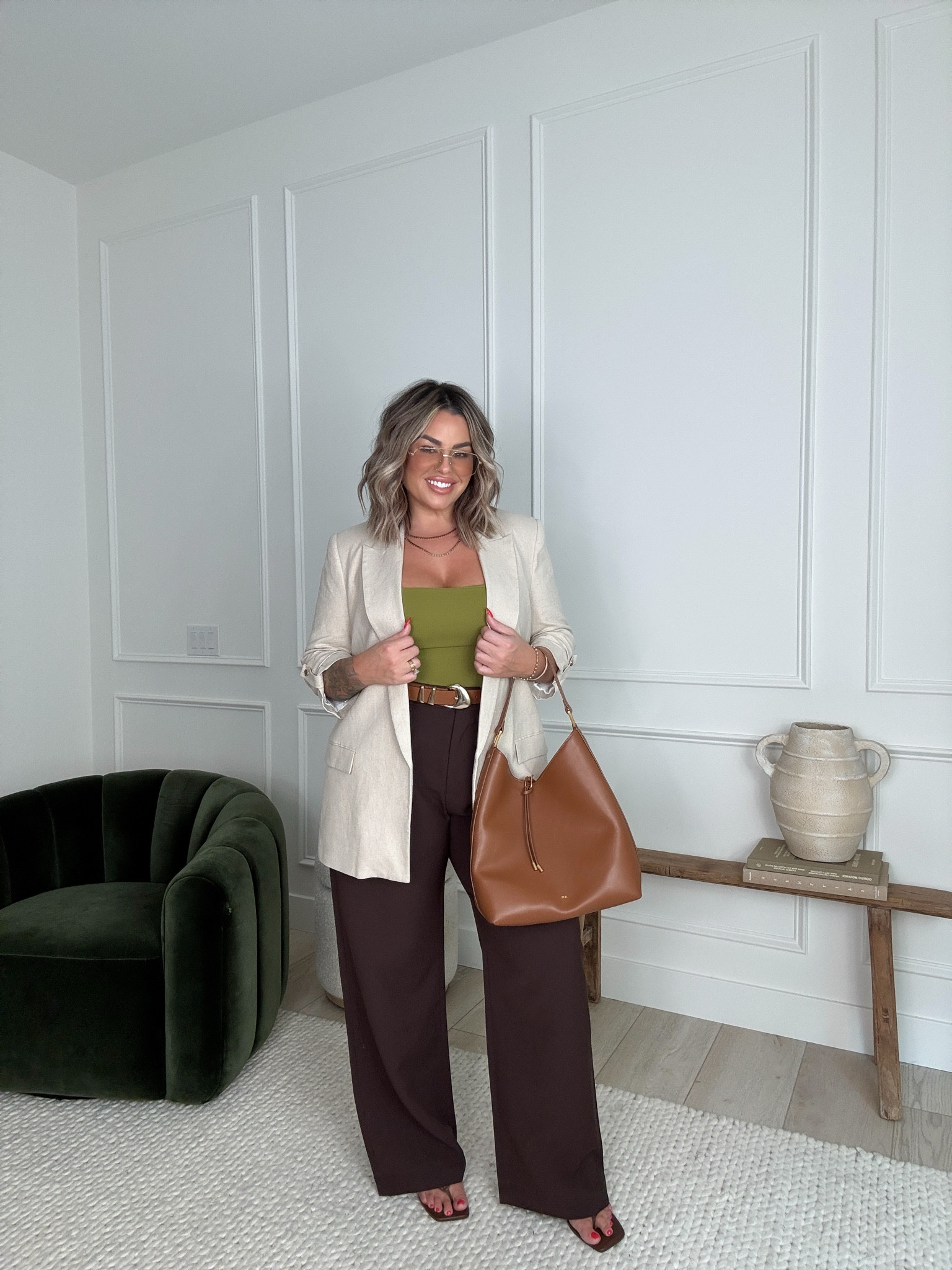 Bodysuit L 
Blazer linked similar 
Pants 32L size up in these 
