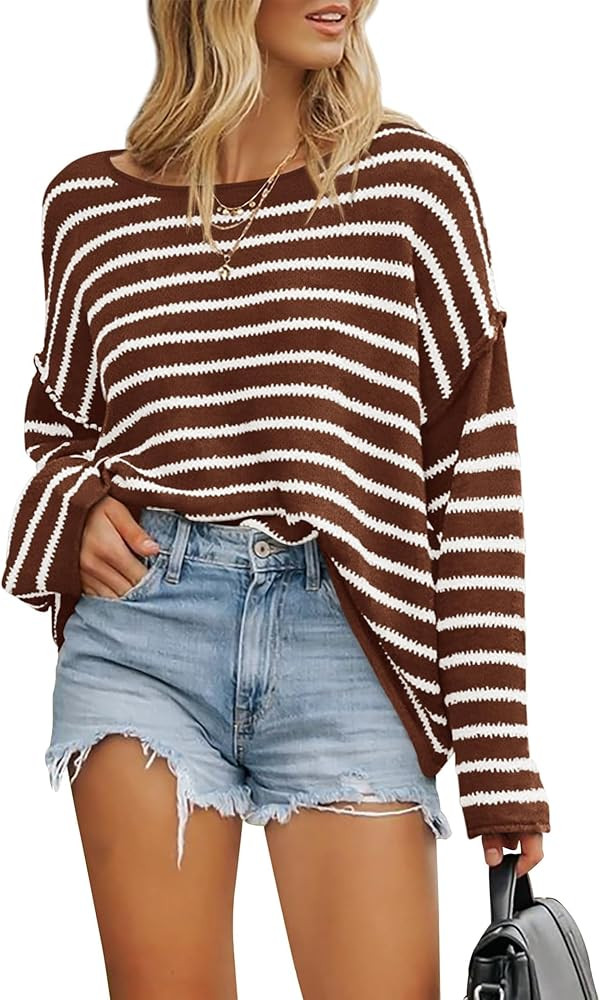 BTFBM Women's Striped Knit Sweaters 2025 Spring Fall Boat Neck Off Shoulder Long Sleeve Oversized... | Amazon (US)