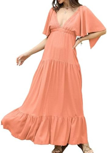 Kikibell Women Summer Dresses Sexy V-Neck Maxi Dress Tiered Silhouette with Flutter Sleeve Backle... | Amazon (US)
