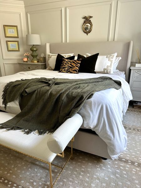 Bedroom decor, primary bedroom, master bedroom, modern traditional, antelope area rug, etsy, Ballard designs, wingback bed, one kings lane 

#LTKhome