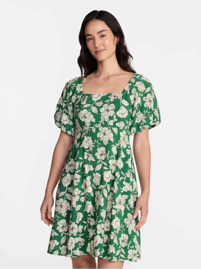 Time and Tru Women's Airflow Mini Dress with Puff Sleeves, Sizes XS-XXXL | Walmart (US)